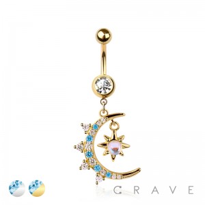 316L SURGICAL STEEL RISING MOON SUN STAR DANGLE BELLY BUTTON NAVEL RING 